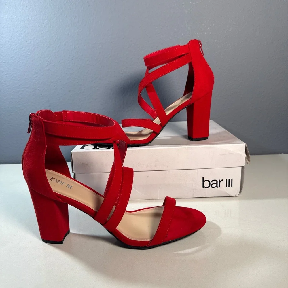Bar III Blythef Sandals Women 9.5 Red Strappy Block Heel Back Zip
